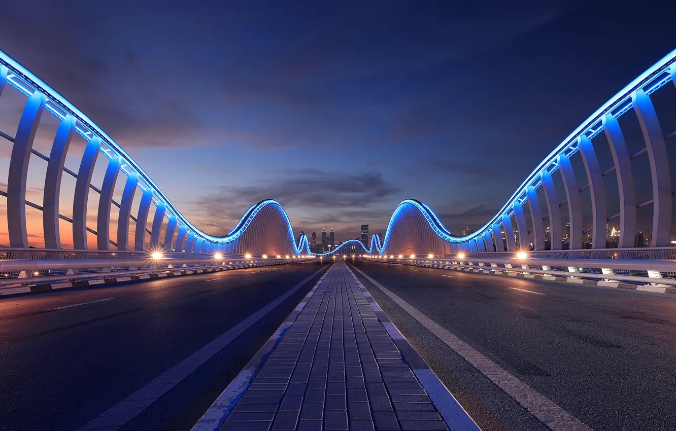 Фото обои дорога, мост, неон, Дубай, ночной город, Dubai, ОАЭ, UAE