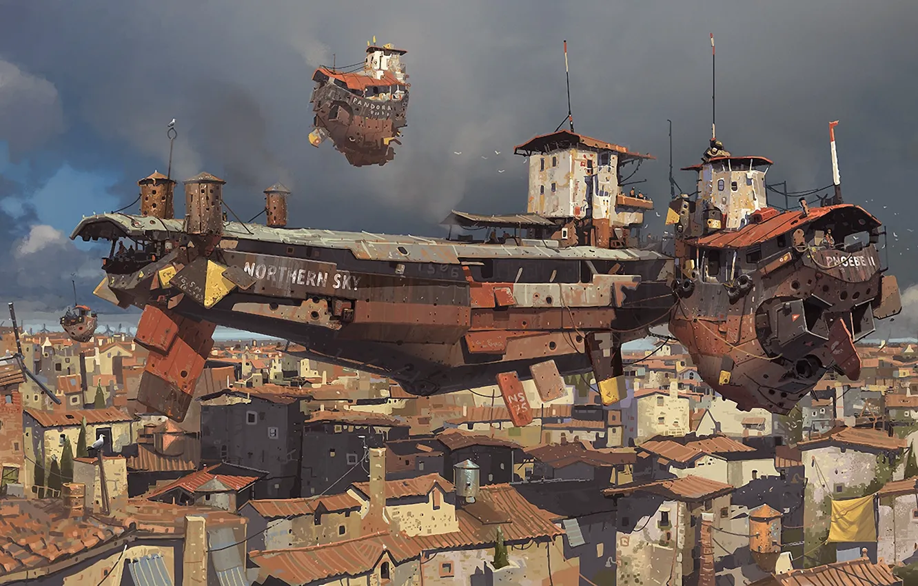 Фото обои тучи, город, дома, корабли, арт, летучие, в небе, ian mcque