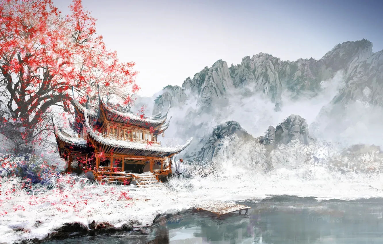 Фото обои листья, снег, горы, туман, озеро, дерево, азия, рисунок