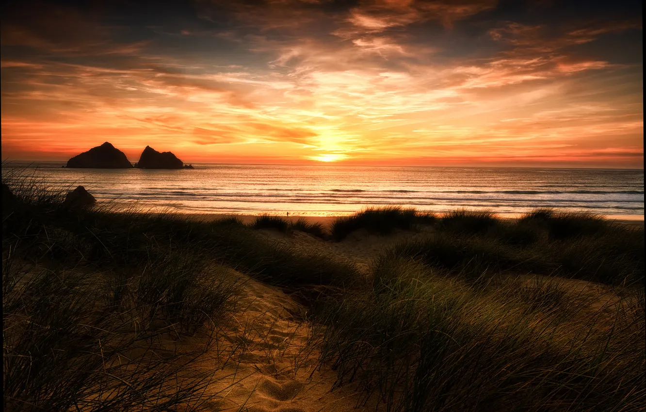 Фото обои песок, пляж, облака, закат, Англия, дюны, Корнуолл