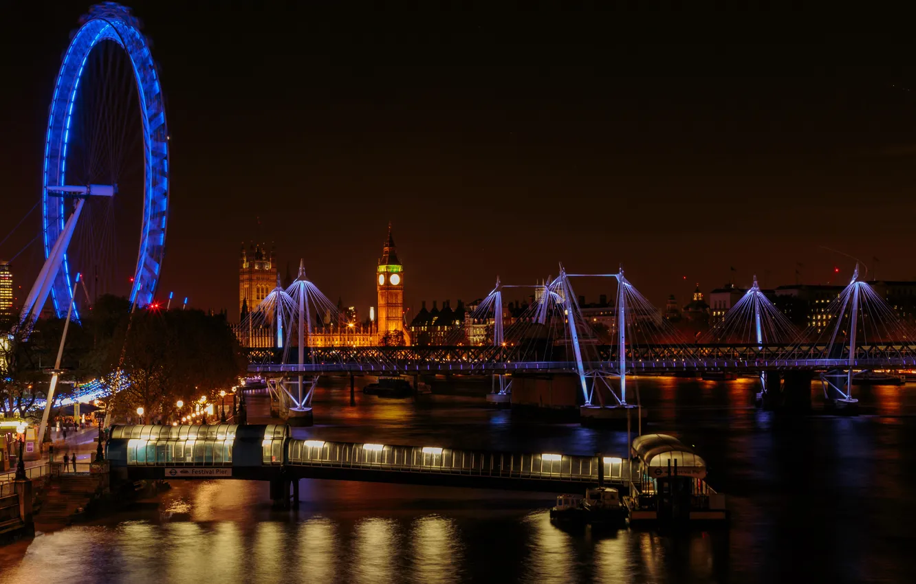 Фото обои ночь, мост, огни, парк, река, Лондон, фонари, Великобритания