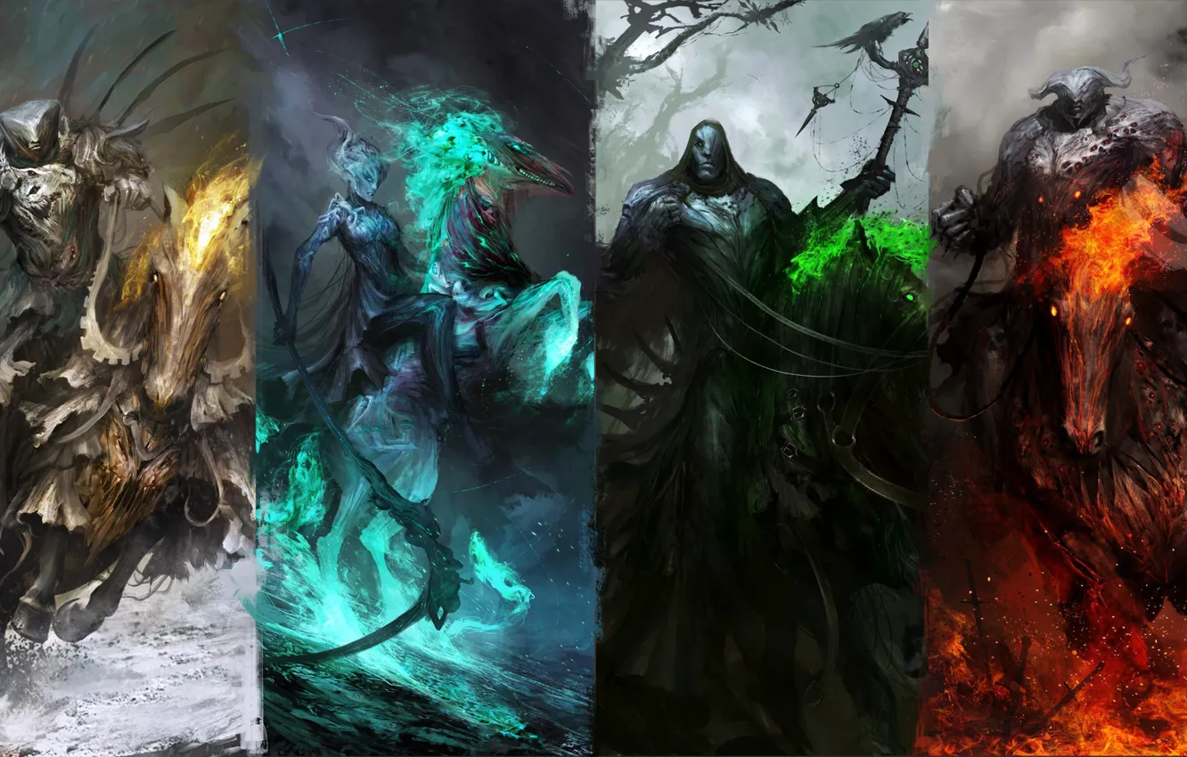 Фото обои green, dark, fire, red, sword, white, fantasy, black