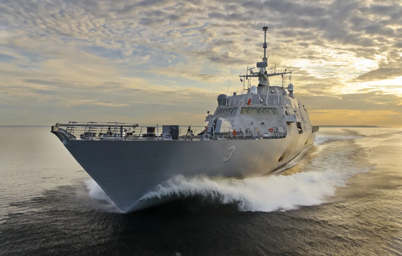 Фото обои Закат, Море, Корабль, USA, US Navy, Ft. Worth (LCS 3)