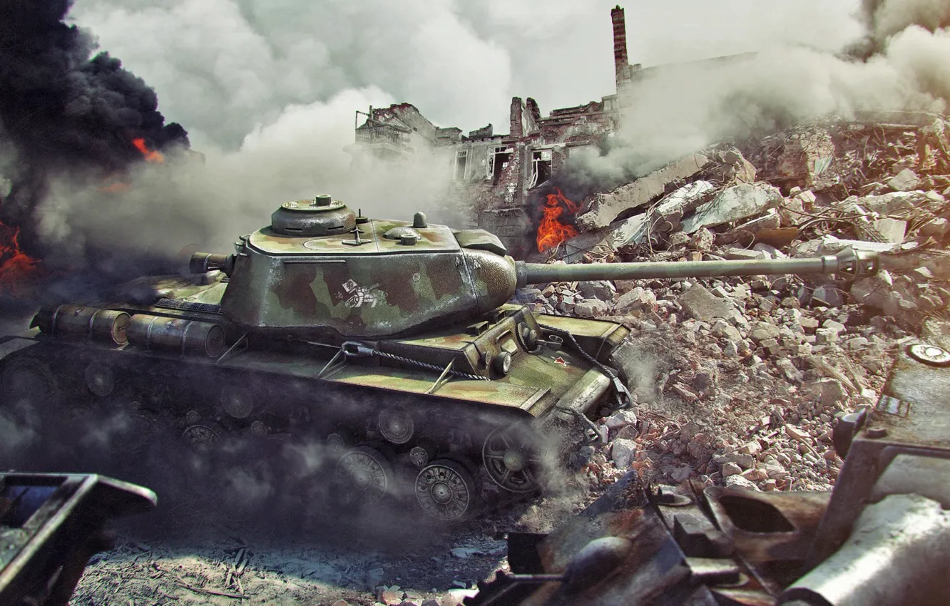 Фото обои город, огонь, война, танк, руины, танки, world of tanks, квас