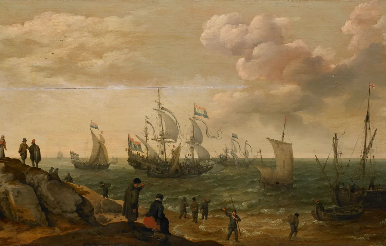 Фото обои масло, картина, Adam Willaerts, Корабли у Берега, 1628, Адам Виллартс