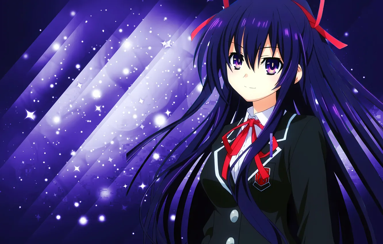 Фото обои girl, school uniform, long hair, anime, beautiful, ribbons, purple eyes, pretty