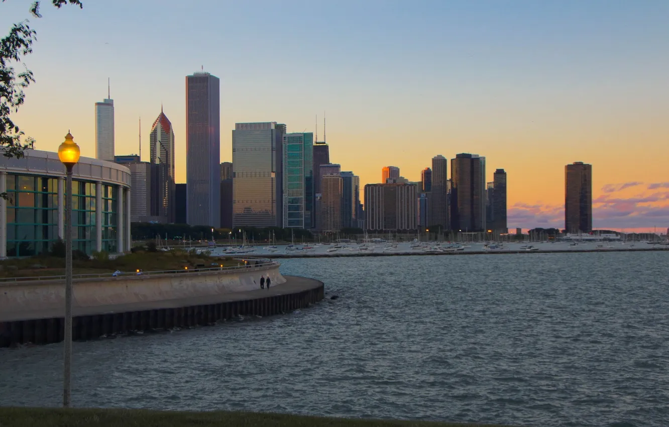 Фото обои город, небоскребы, вечер, Чикаго, Иллиноис, мичиган