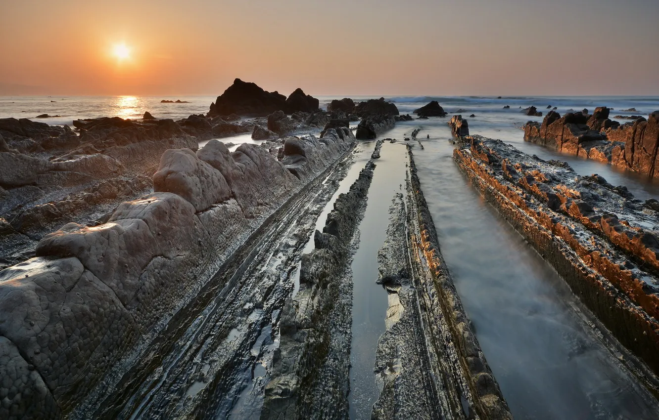 Фото обои море, пейзаж, закат, скалы