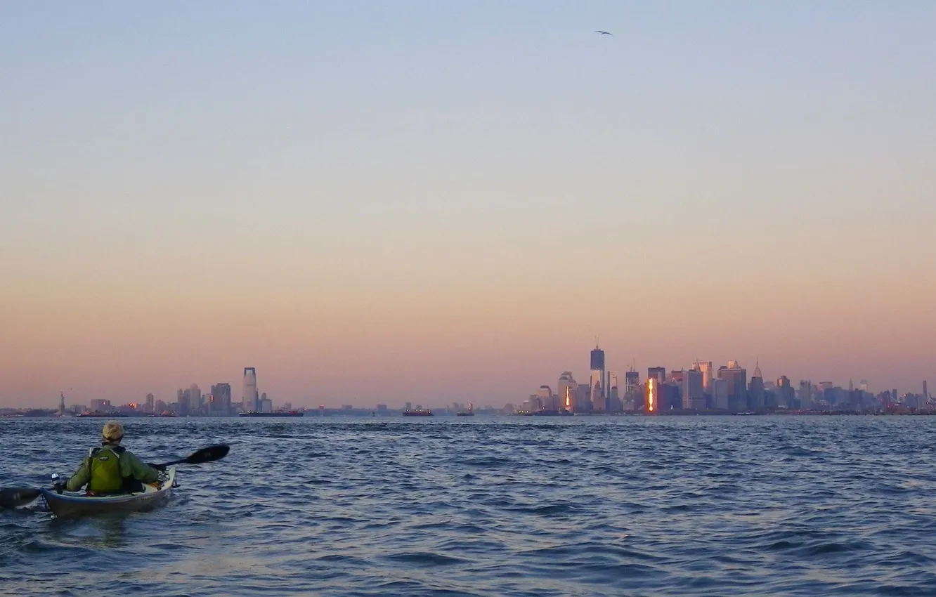 Фото обои океан, спортсмен, мегаполис, Jercey City and New York City