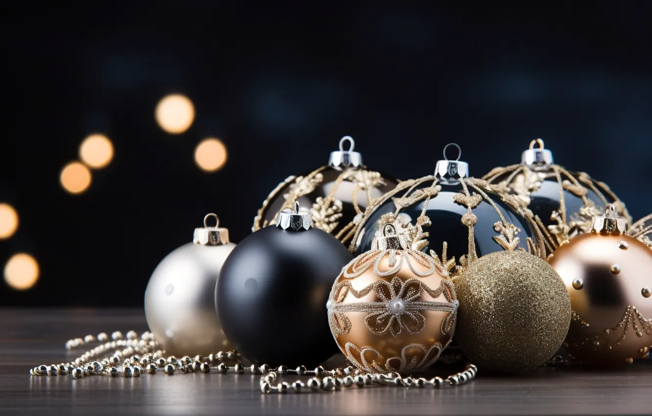 Фото обои фон, шары, Новый Год, Рождество, golden, new year, happy, black