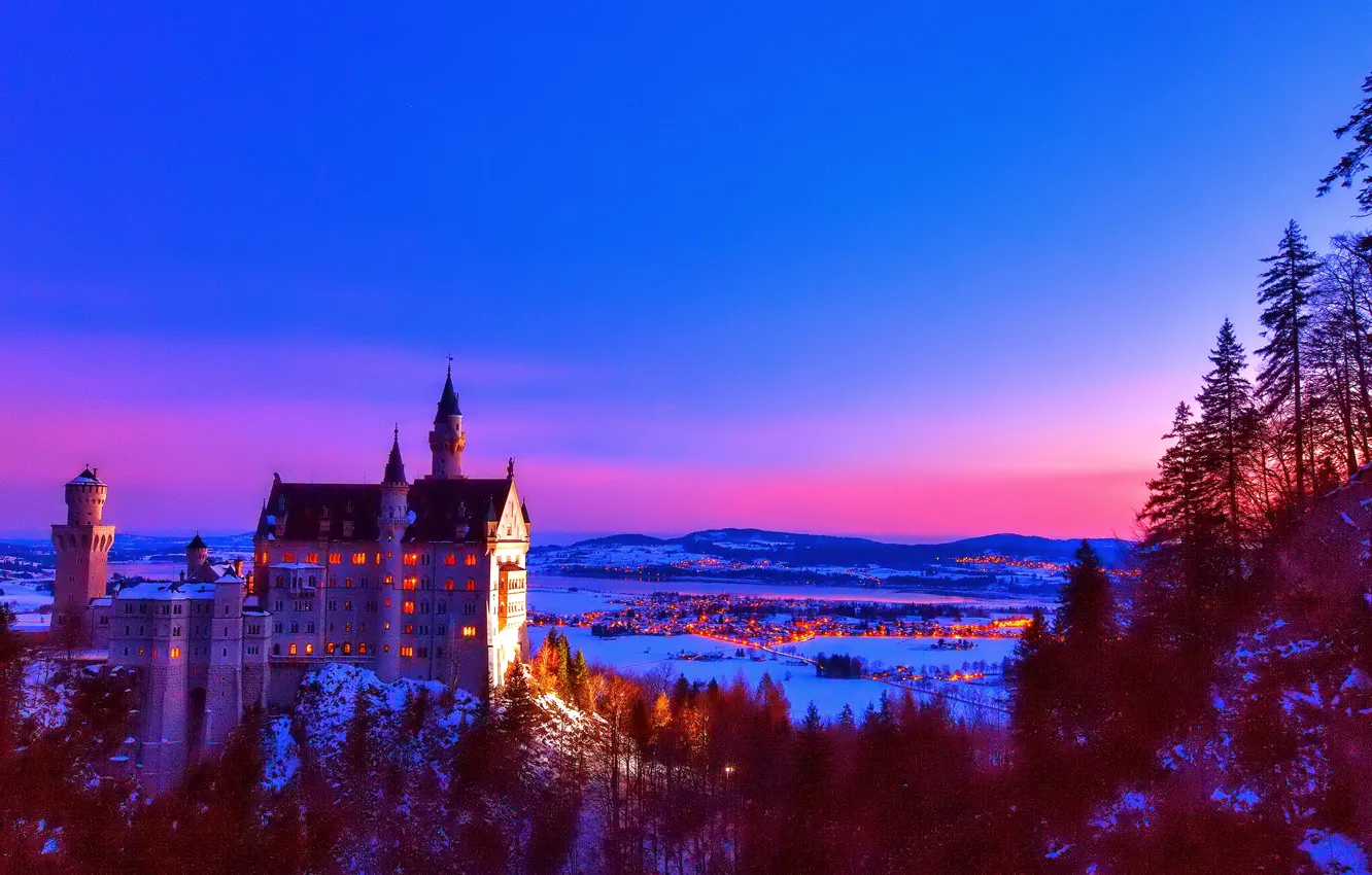 Фото обои небо, деревья, горы, замок, Германия, Бавария, Neuschwanstein