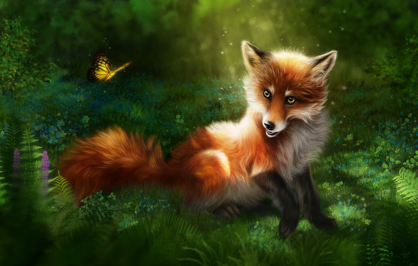 Фото обои трава, природа, рендеринг, бабочка, лиса, рыжая, лисица