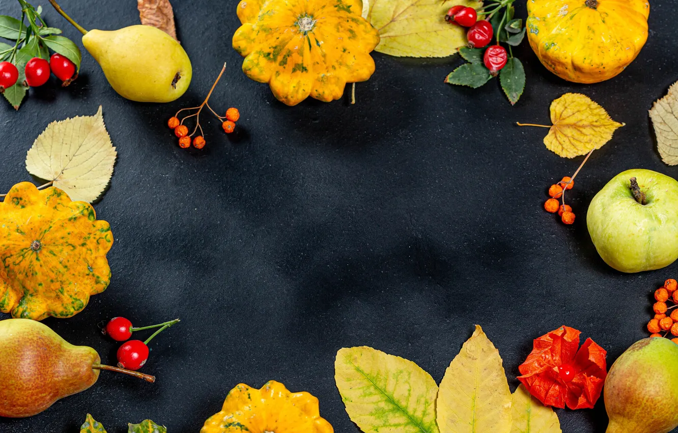 Фото обои осень, листья, шиповник, тыква, груши, рябина