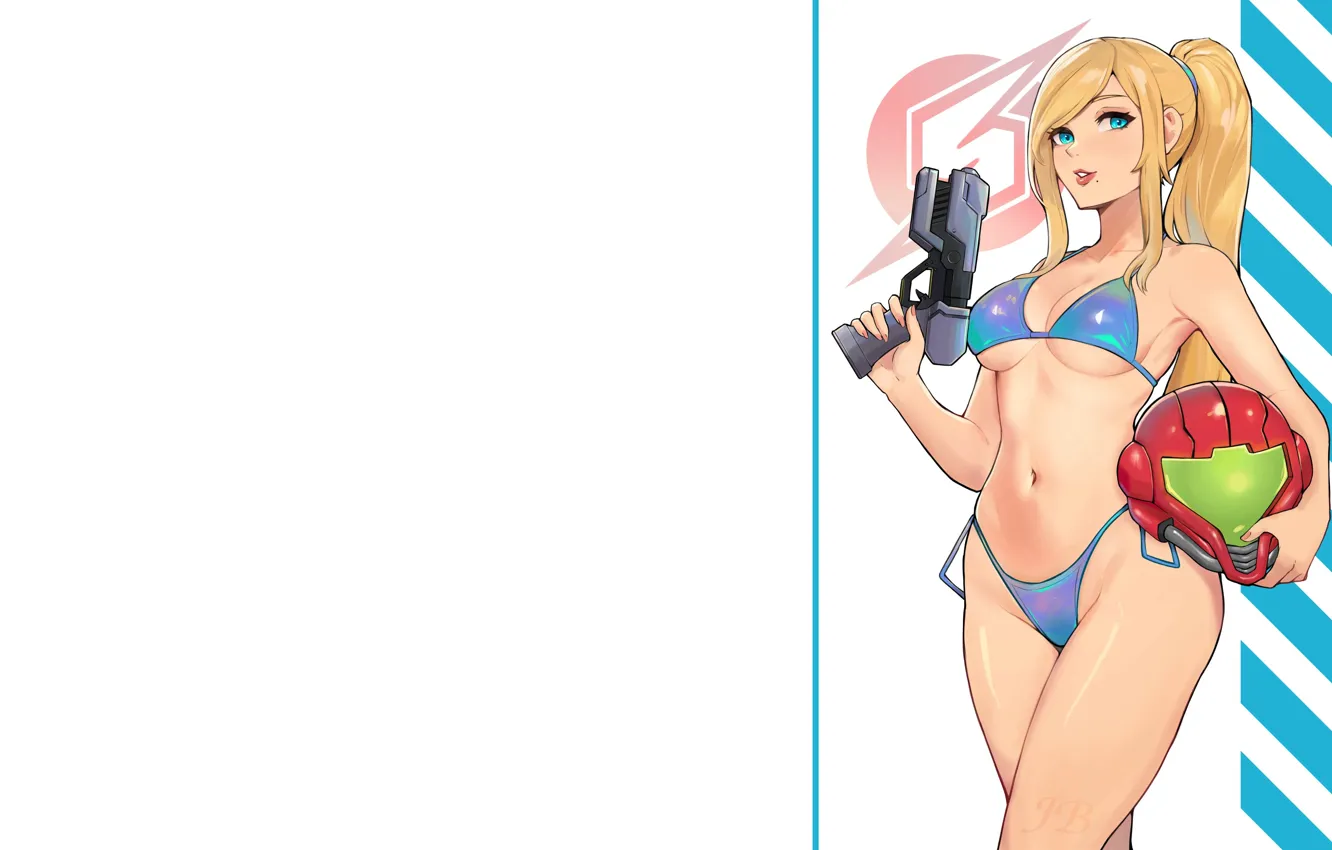 Фото обои cleavage, blue eyes, ponytail, big boobs, belly, girls with guns, Samus Aran, thighs
