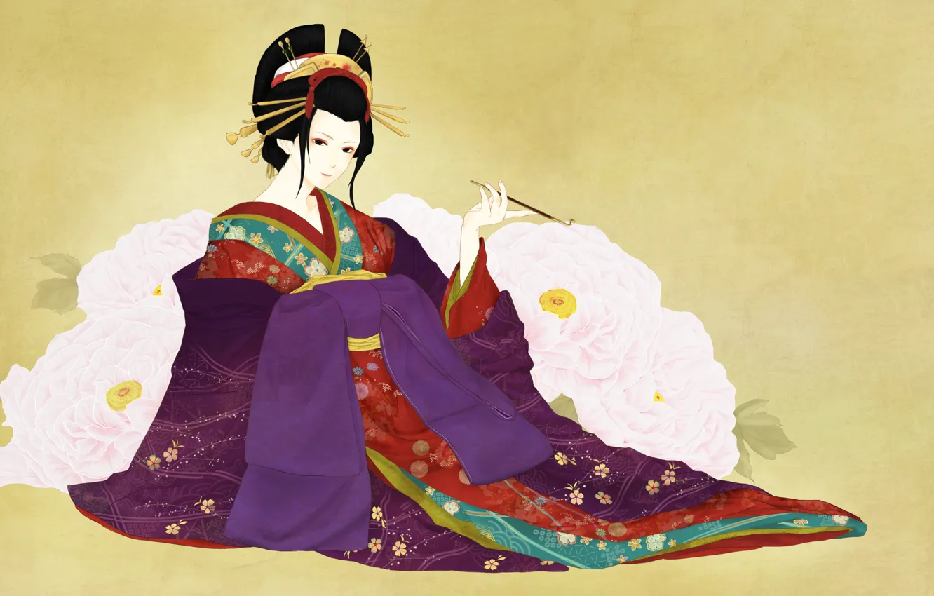 Фото обои девушка, цветы, фон, арт, гейша, мундштук, кимоно, пионы