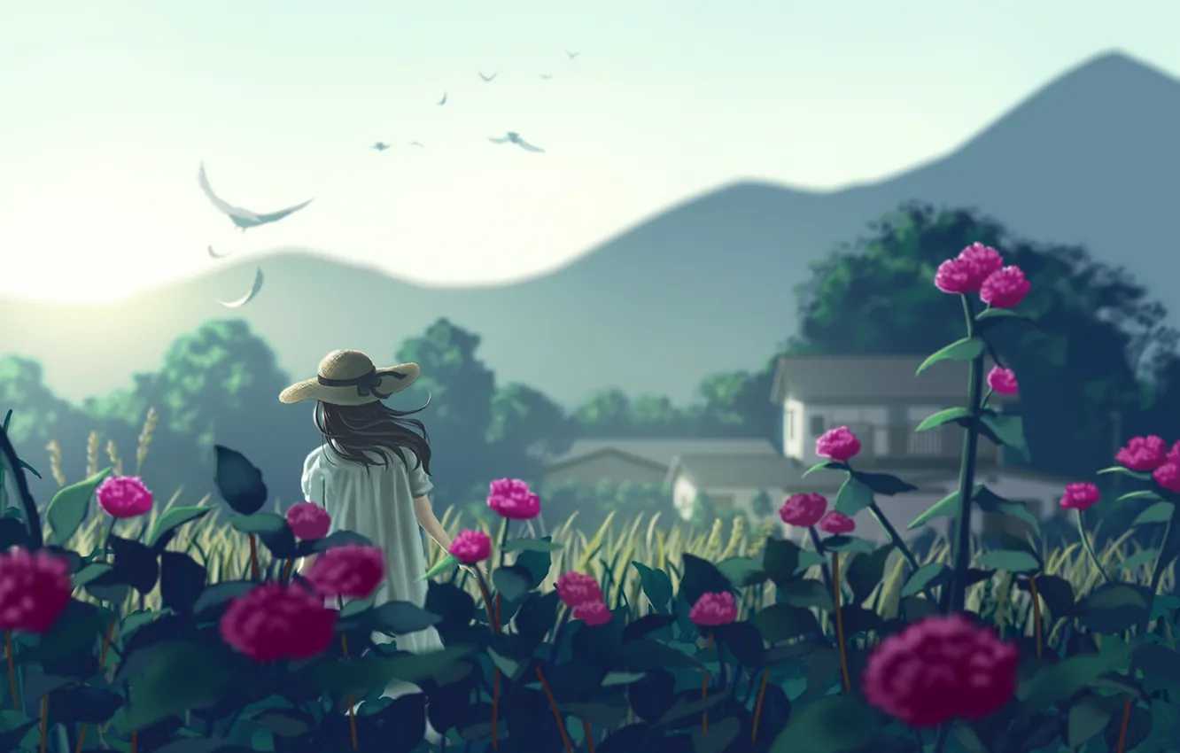 Фото обои девушка, цветы, горы, птицы, природа, шляпа, аниме, арт