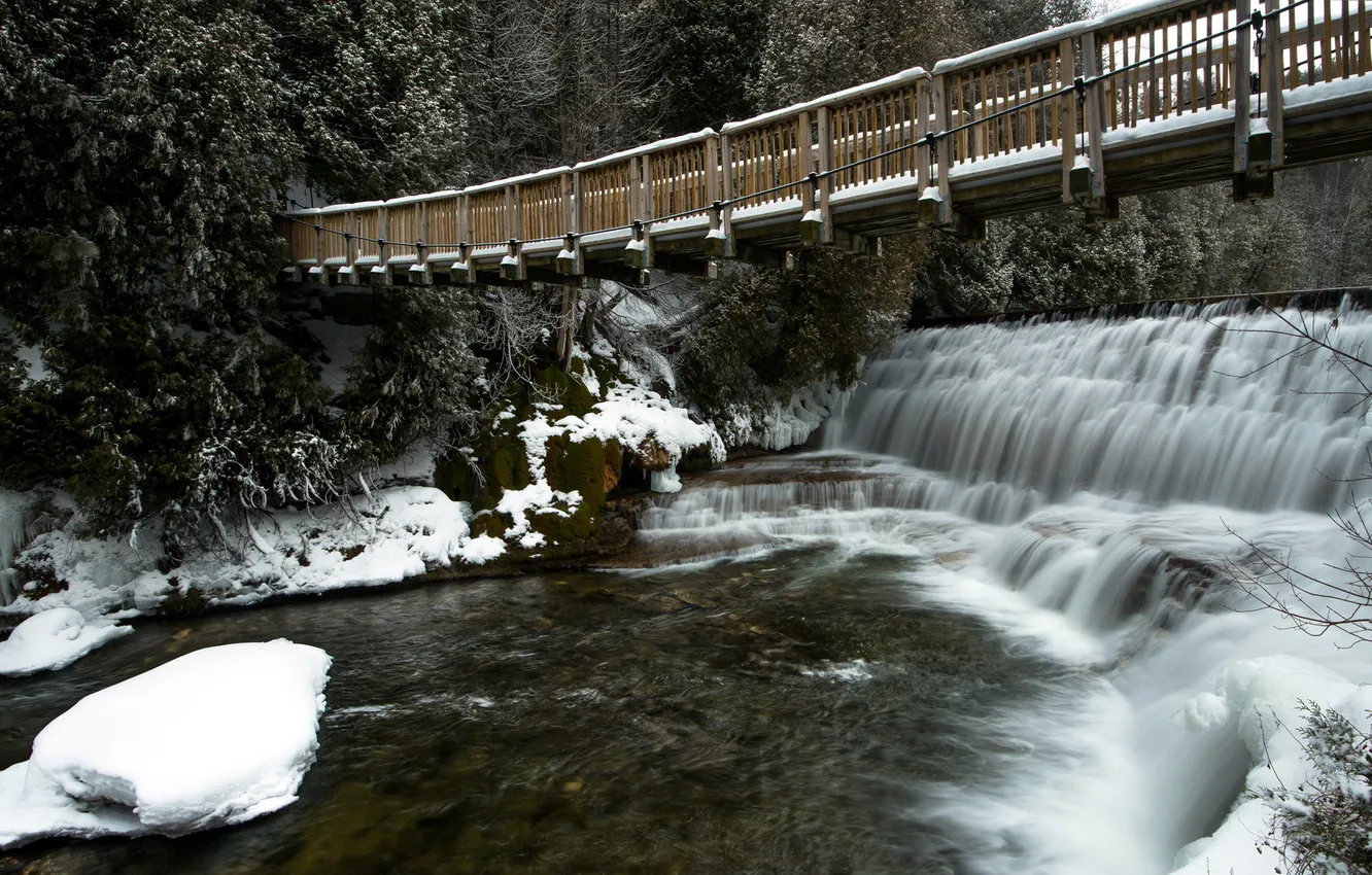 Фото обои зима, пейзаж, мост, река