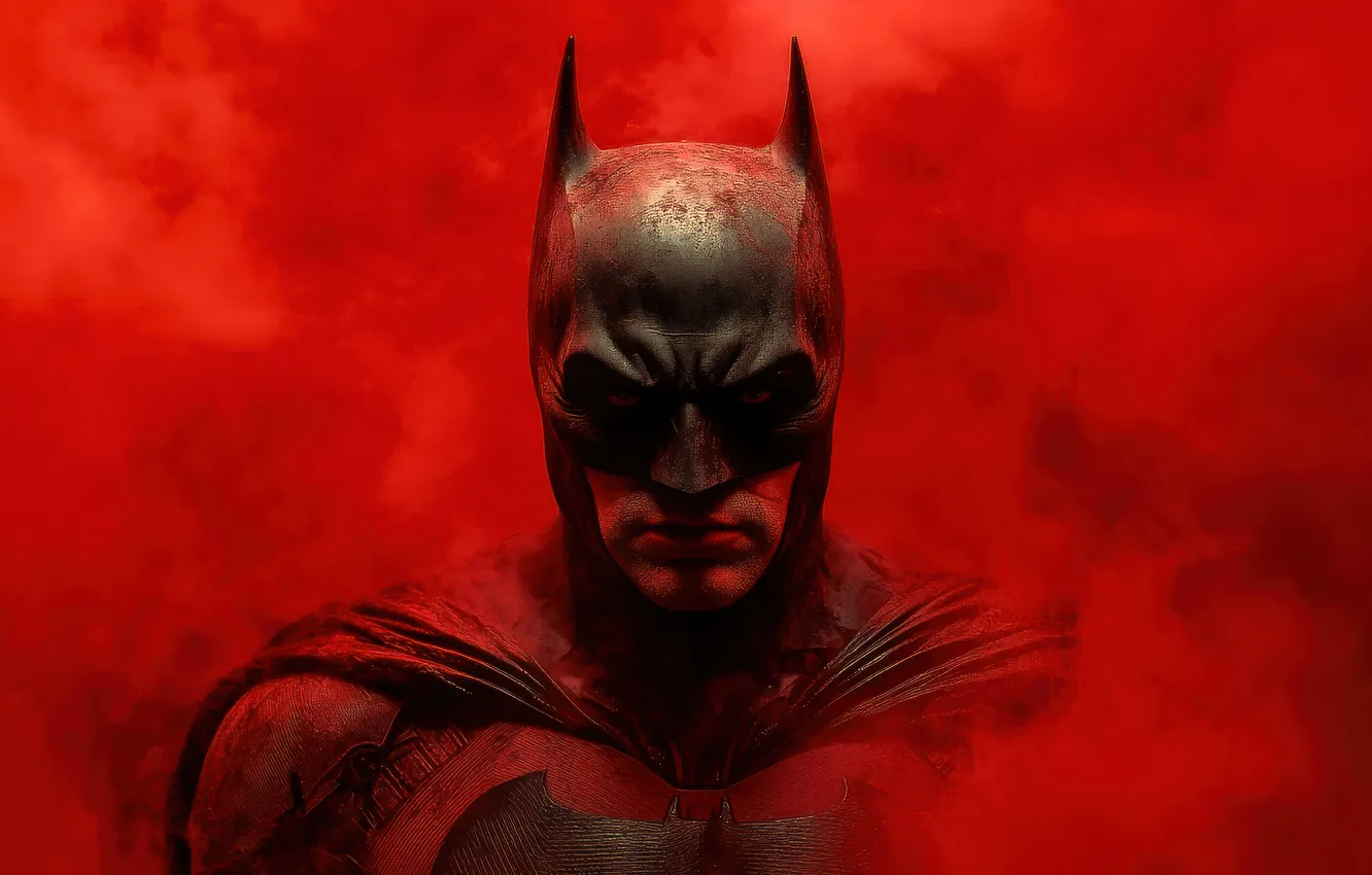 Фото обои дым, маска, арт, костюм, Бэтмен, Batman, красный фон, комикс