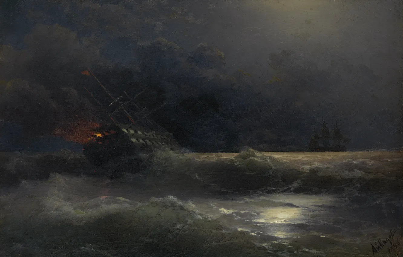 Фото обои картина, морской пейзаж, Иван Айвазовский, Горящий Корабль