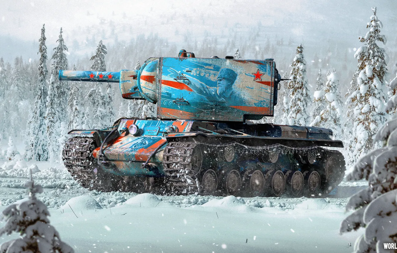 Фото обои Зима, Снег, СССР, Танк, Game, Мир танков, КВ-2, World of Tanks