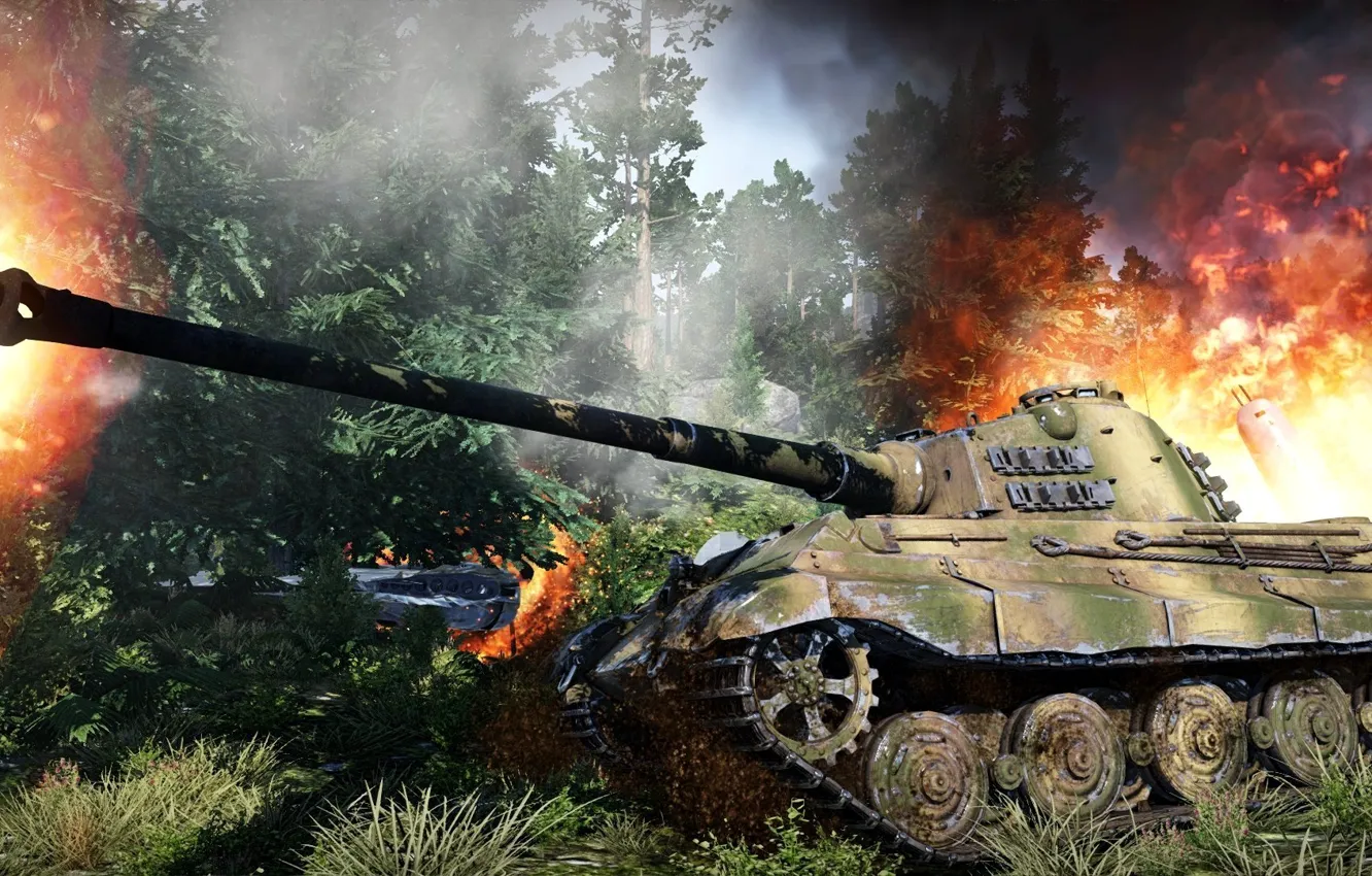 Фото обои огонь, дым, бой, немецкий, WW2, тяжёлый танк, «Короле́вский тигр», «Тигр II»