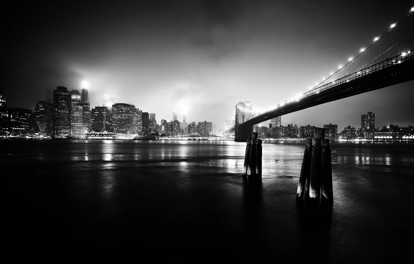 Фото обои ночь, мост, город, черно-белое фото