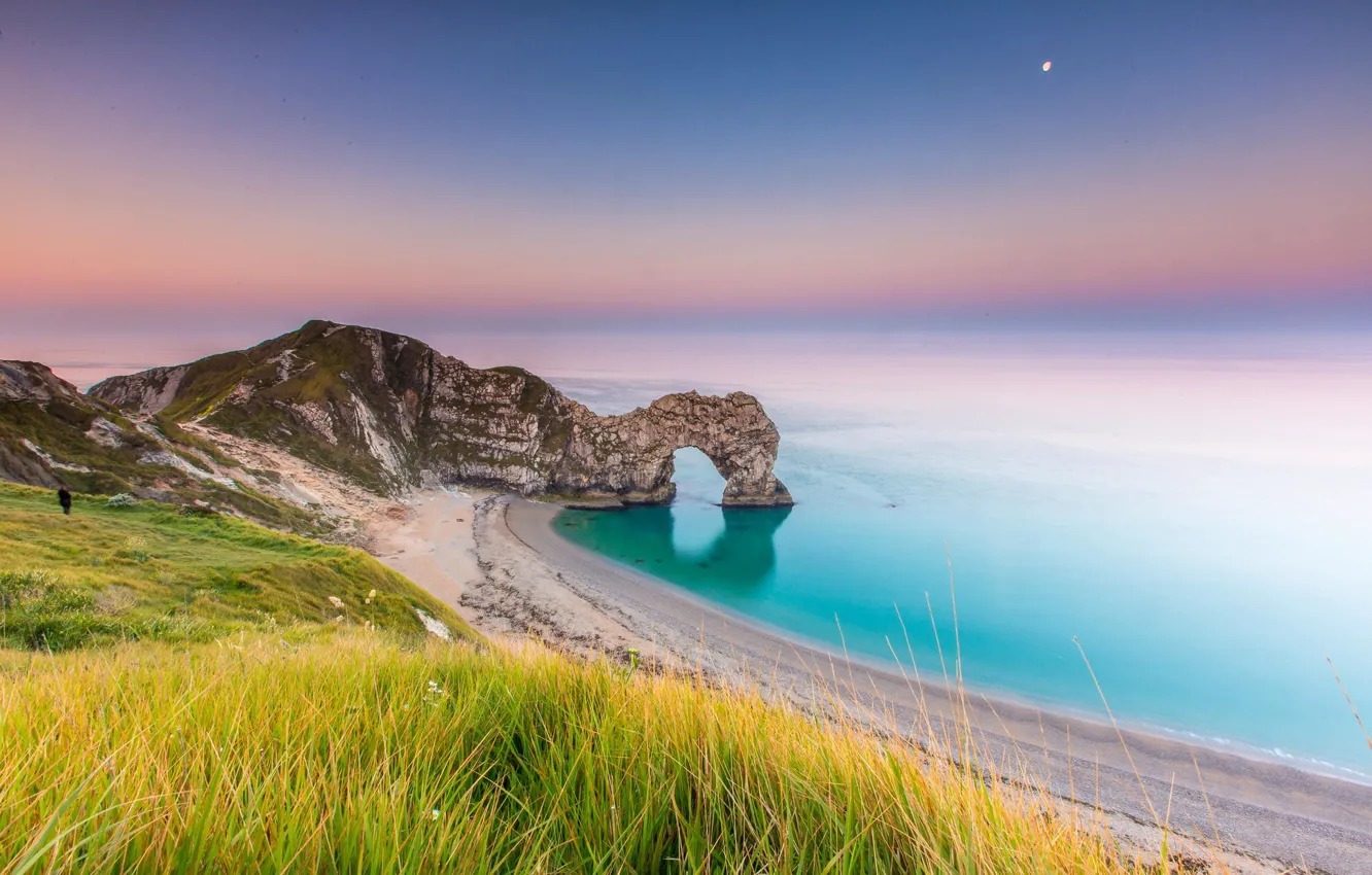Фото обои море, трава, пейзаж, природа, скалы, рассвет, побережье, Англия