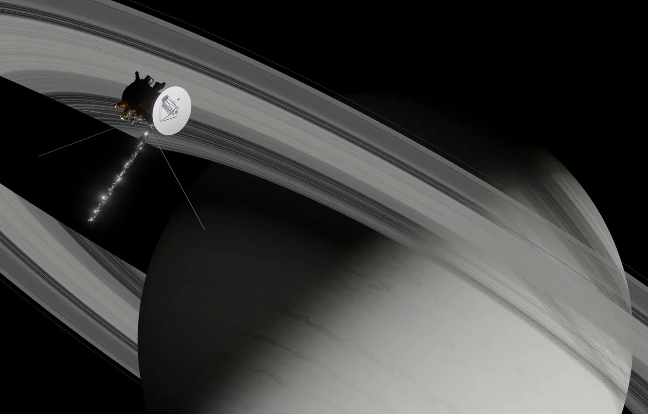 Фото обои планета, кольца, аппарат, Thanks Cassini Huygens, Lino Thomas