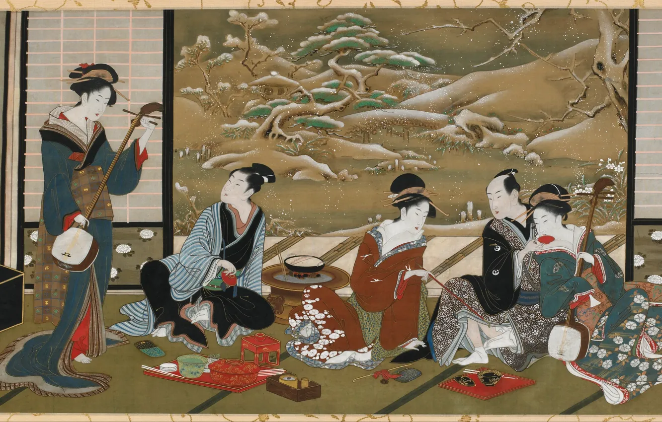 Фото обои женщины, снег, деревья, посуда, кимоно, trees, мужчины, snow