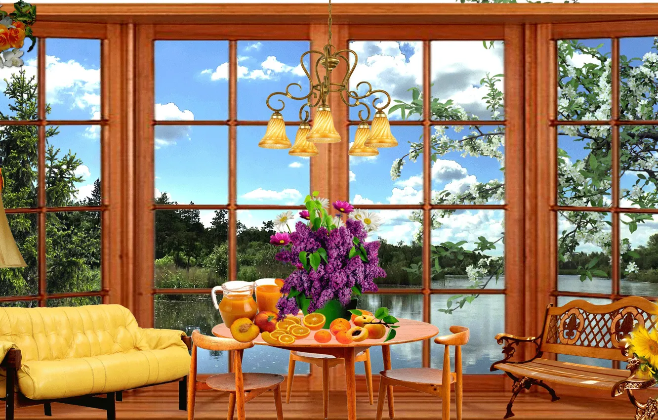 Фото обои облака, природа, комната, интерьер, Дом, окно, квартира, яблоня