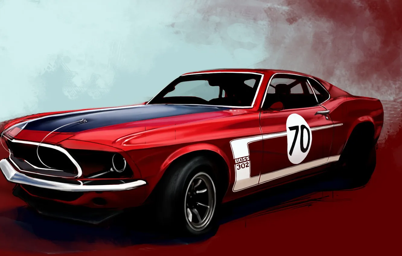 Фото обои красный, рисунок, Mustang, Ford, Boss 302