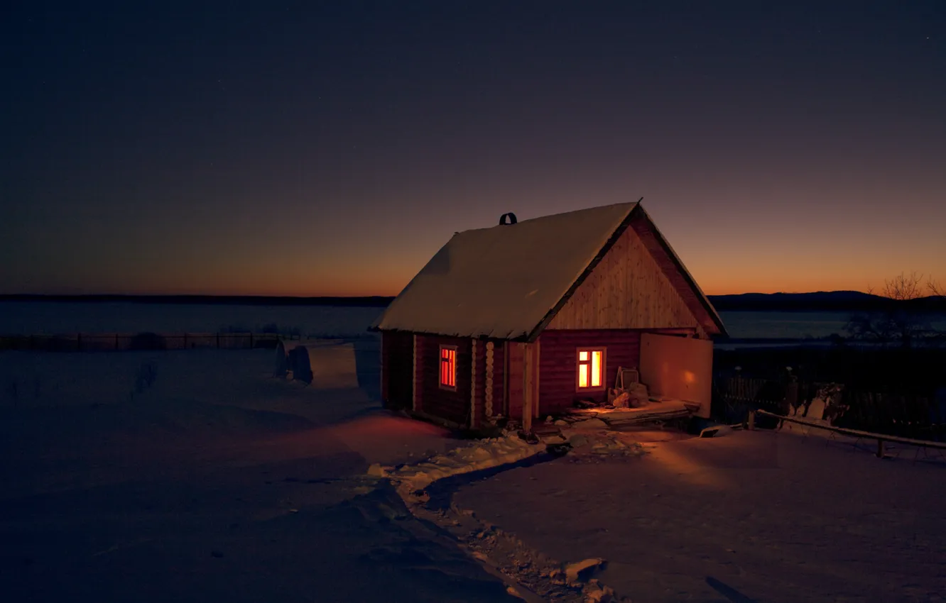 Фото обои зима, поле, снег, ночь, природа, дом, темнота, обои