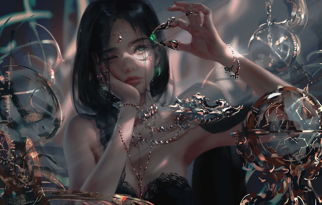 Фото обои girl, fantasy, green eyes, brunette, digital art, artwork, princess, fantasy art