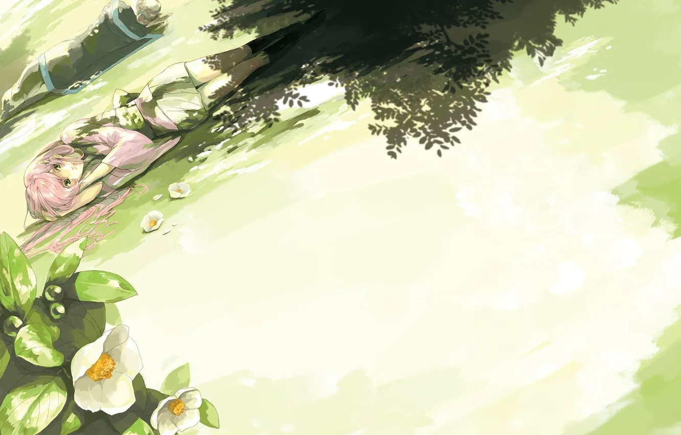 Фото обои лето, девушка, цветы, поляна, тень, лёжа, kasuga nozomi, harukanaru toki no naka de