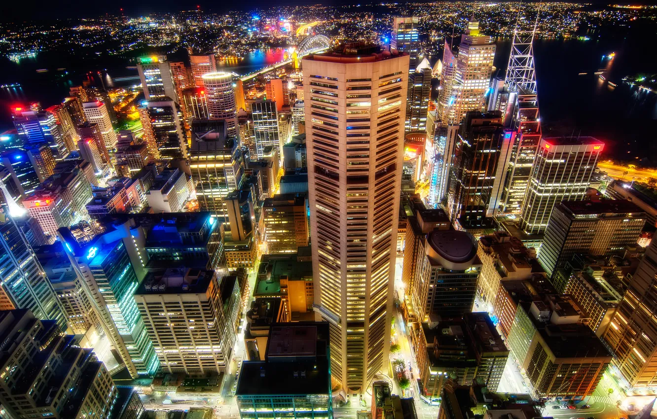 Фото обои ночь, город, огни, здания, Сидней, мегаполис, вид сверху, Sydney
