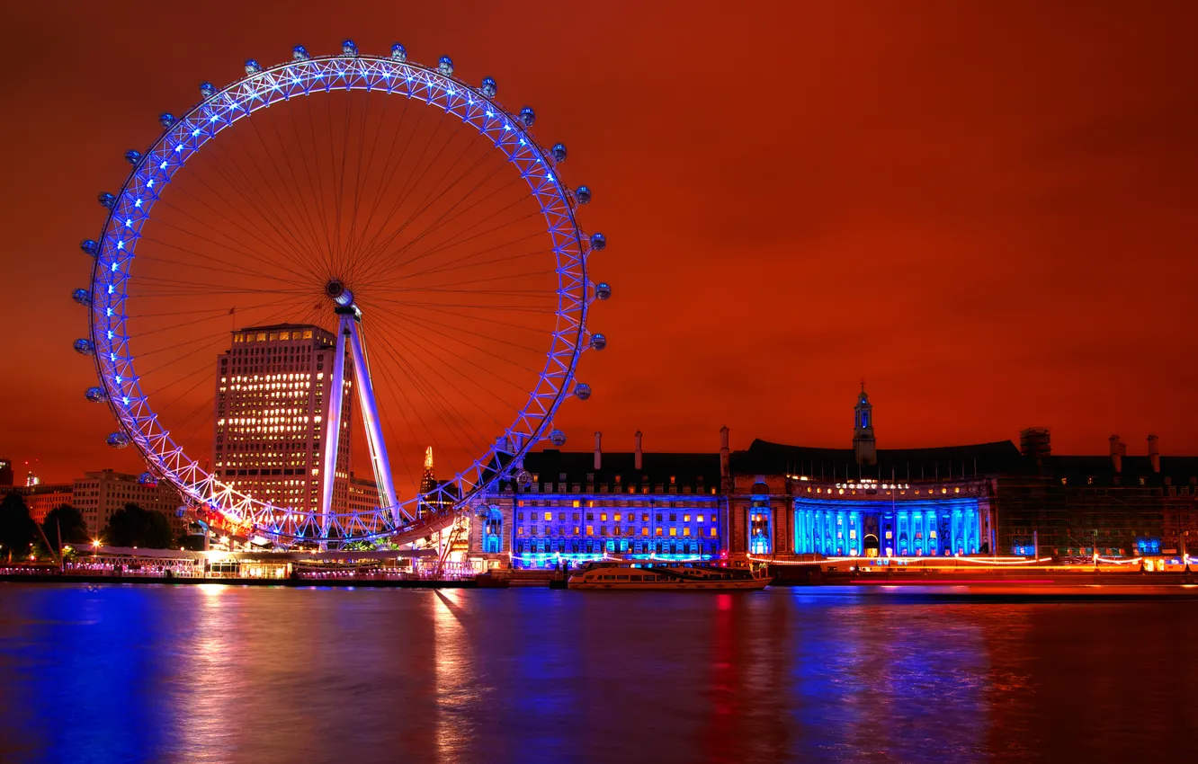 Фото обои огни, Англия, Лондон, вечер, набережная, EDF Energy London Eye, колёсо обозрения, «Лондонский глаз»