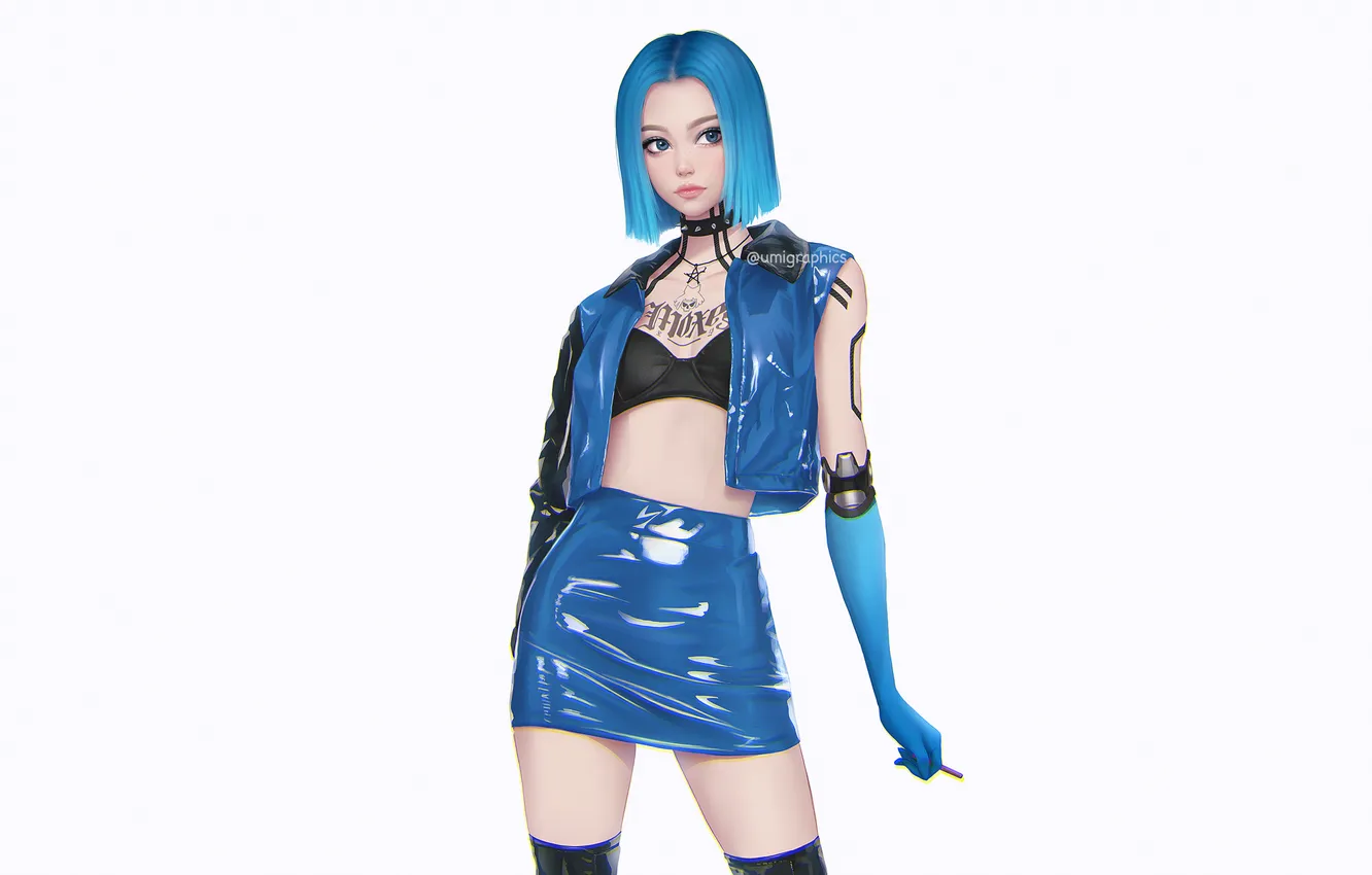 Фото обои blue eyes, cyberpunk, artwork, drawing, jacket, anime girls, simple background, blue hair