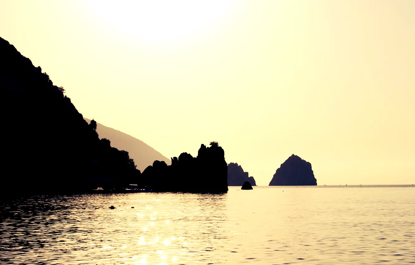 Фото обои море, вода, солнце, скалы, силуэт, sunshine, Крым, золотое