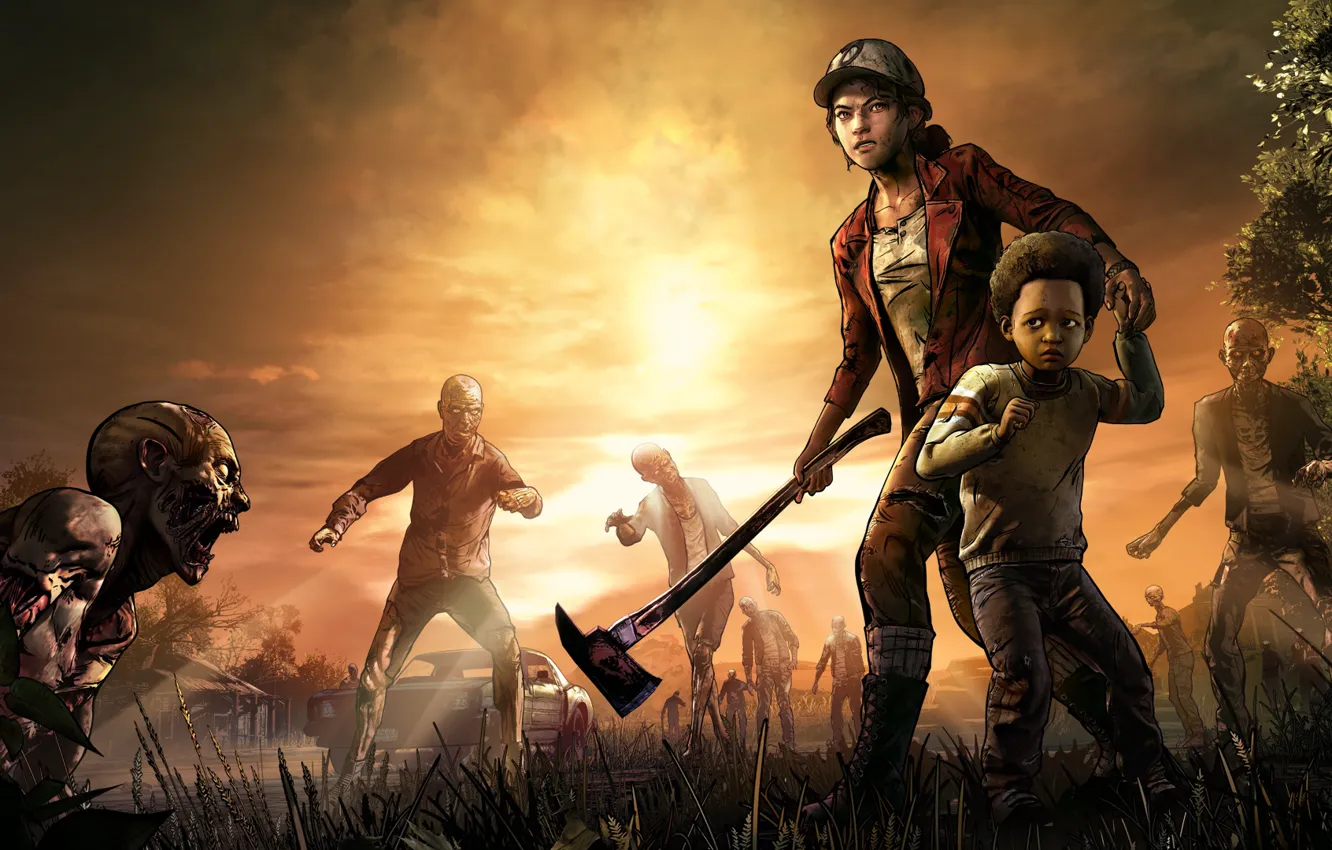 Фото обои Топор, Зомби, Ситуация, The Walking Dead, Telltale Games, Выжившие, Клементина, Clementine