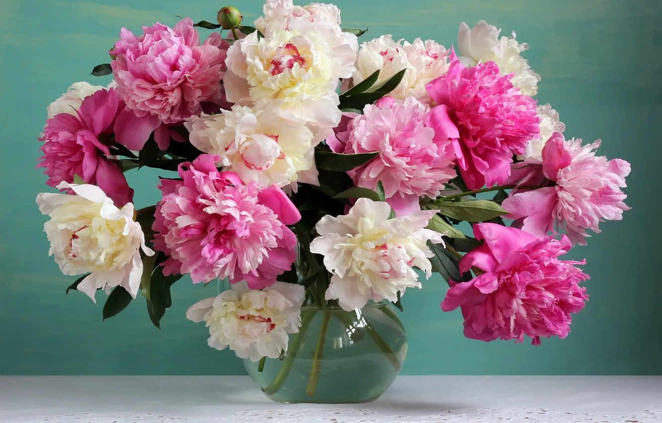Фото обои цветы, букет, ваза, розовые, white, pink, flowers, пионы