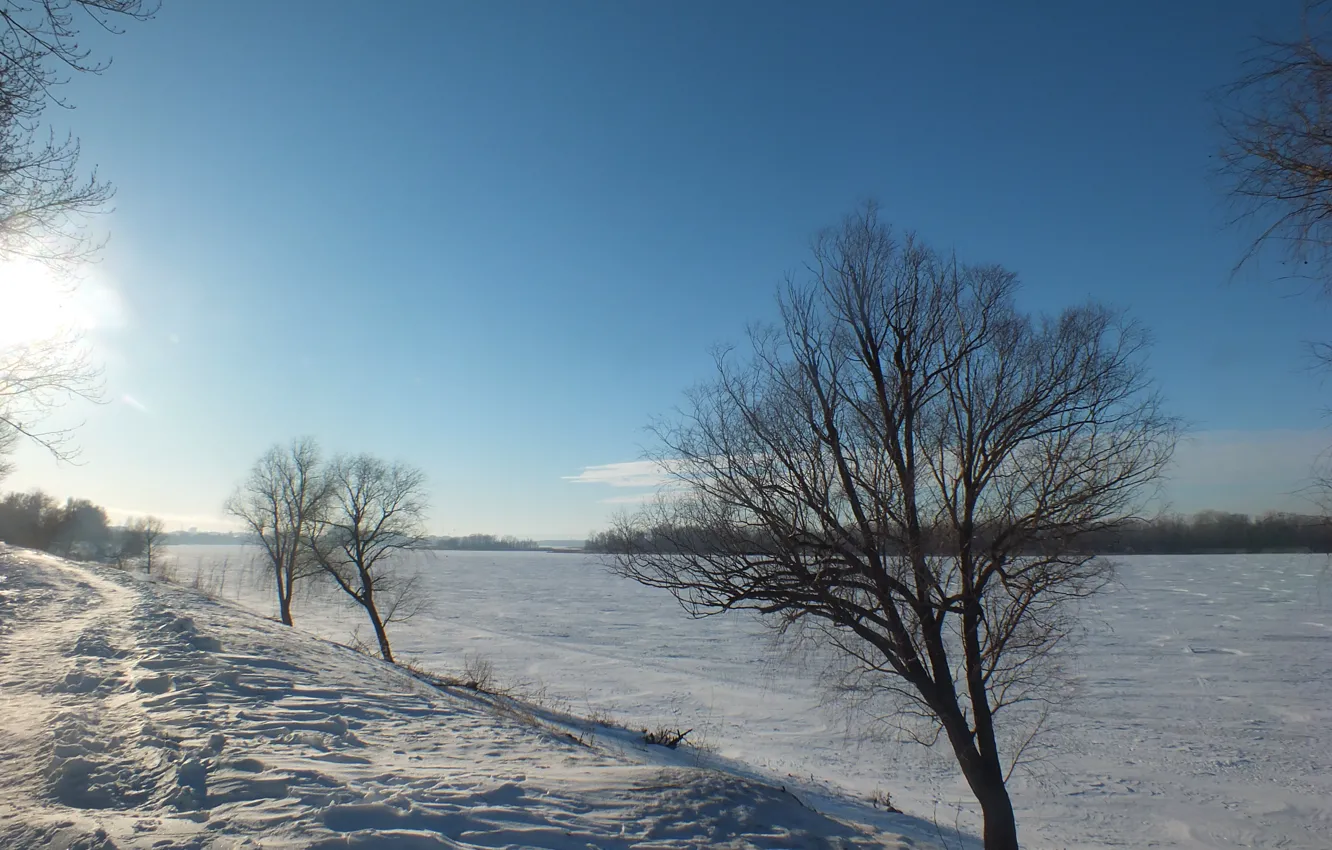 Фото обои зима, снег, дерево, набережная, Волга