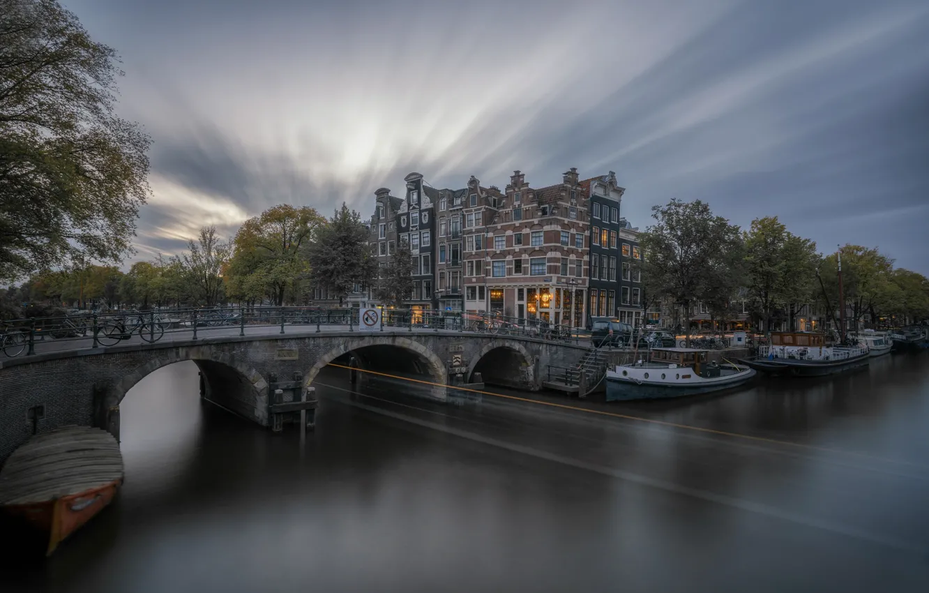 Фото обои bridge, water, Amsterdam, Netherlands, cloudy, canals