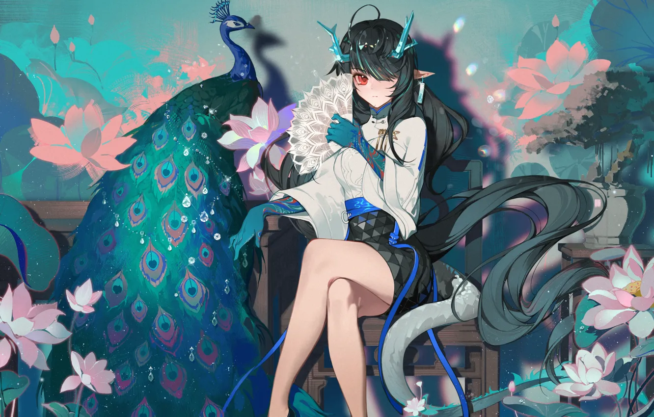 Фото обои девушка, дракон, фэнтези, павлин, лотосы, Dusk, Arknights