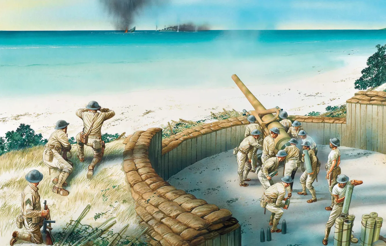 Фото обои пути, огонь, остров, арт, солдаты, части, артиллерия, береговая