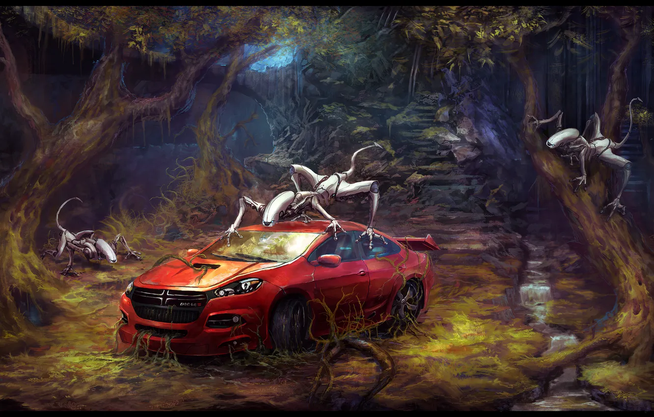 Фото обои лес, корни, роботы, развалины, Dodge, Автомобиль
