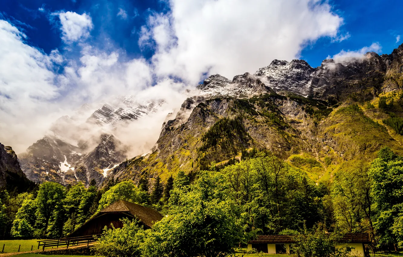 Фото обои облака, деревья, горы, скалы, Германия, Konigssee