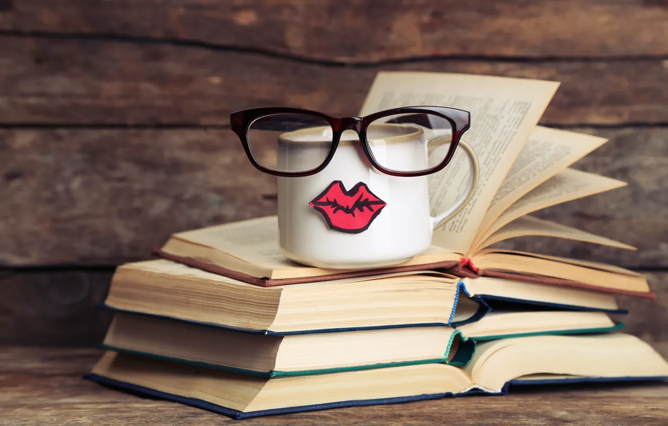 Фото обои книги, кофе, очки, кружка, cup, lips, funny, glasses