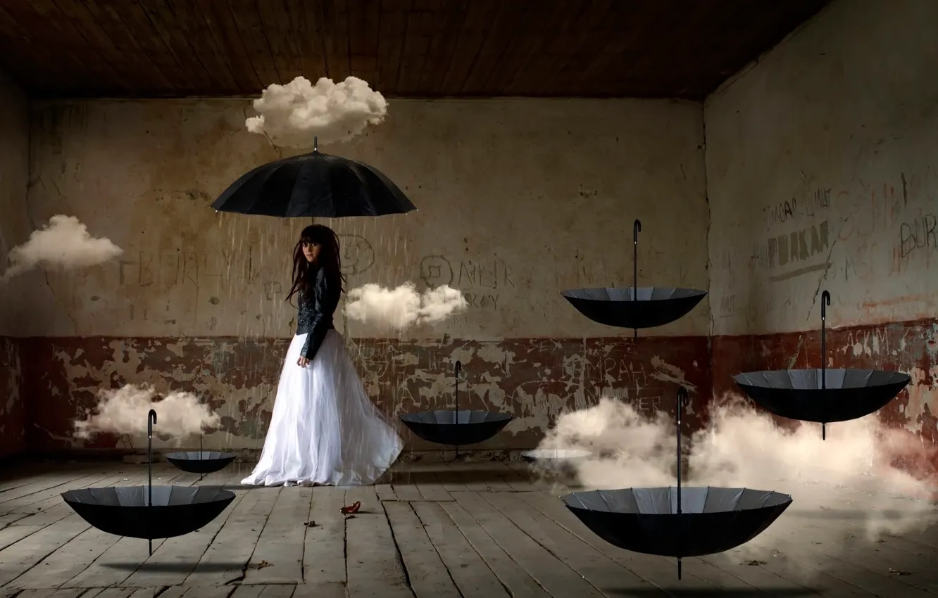 Фото обои девушка, облака, фантазия, комната, арт, зонты
