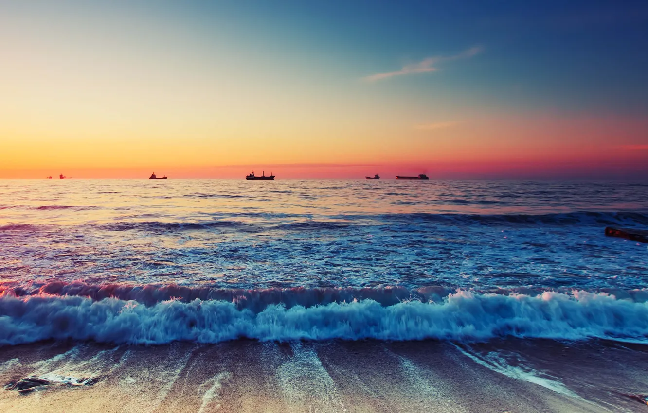 Фото обои waves, sky, landscape, nature, water, sun, sunrise, horizon