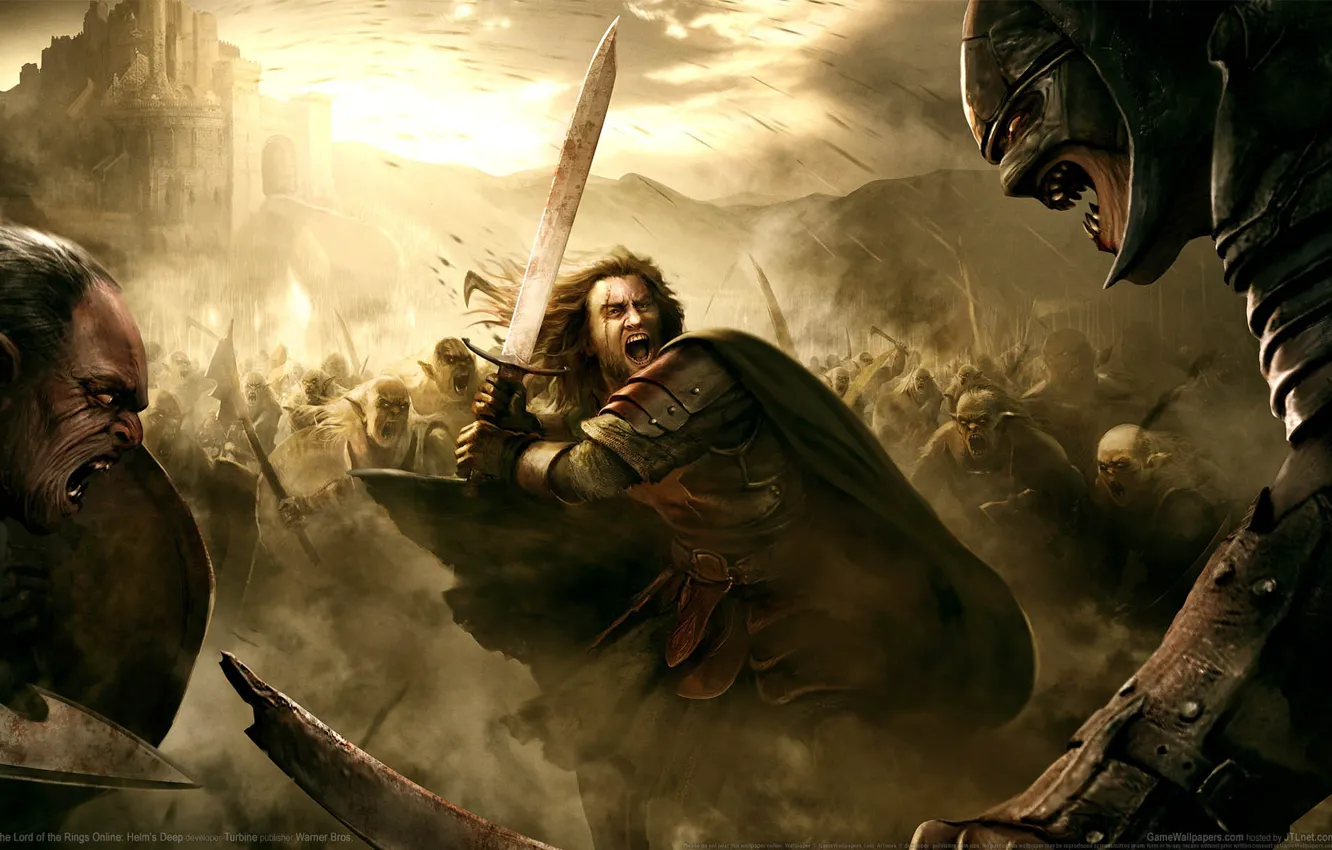 Фото обои война, Властелин Колец, битва, крепость, мечи, стрелы, орки, war
